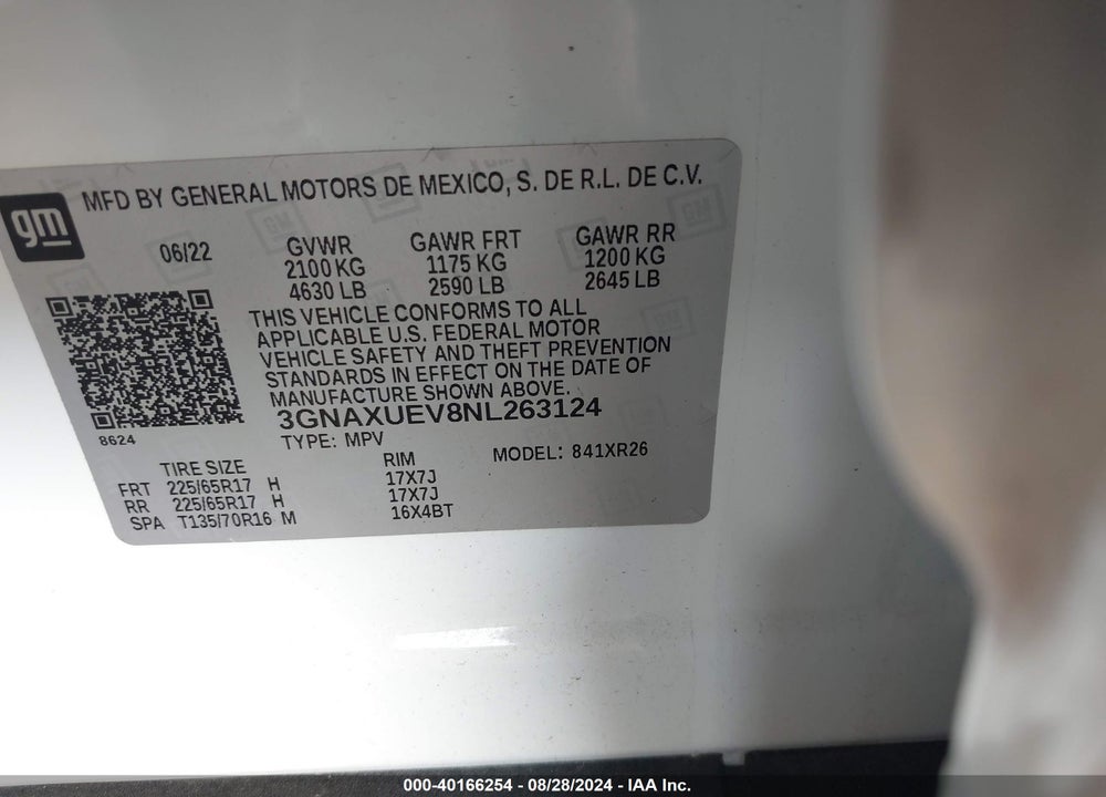 2022 CHEVROLET EQUINOX AWD LT VIN: 3GNAXUEV8NL263124