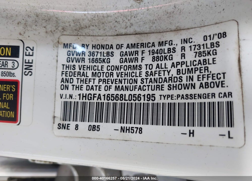 2008 HONDA CIVIC SDN LX VIN: 1HGFA16568L056195