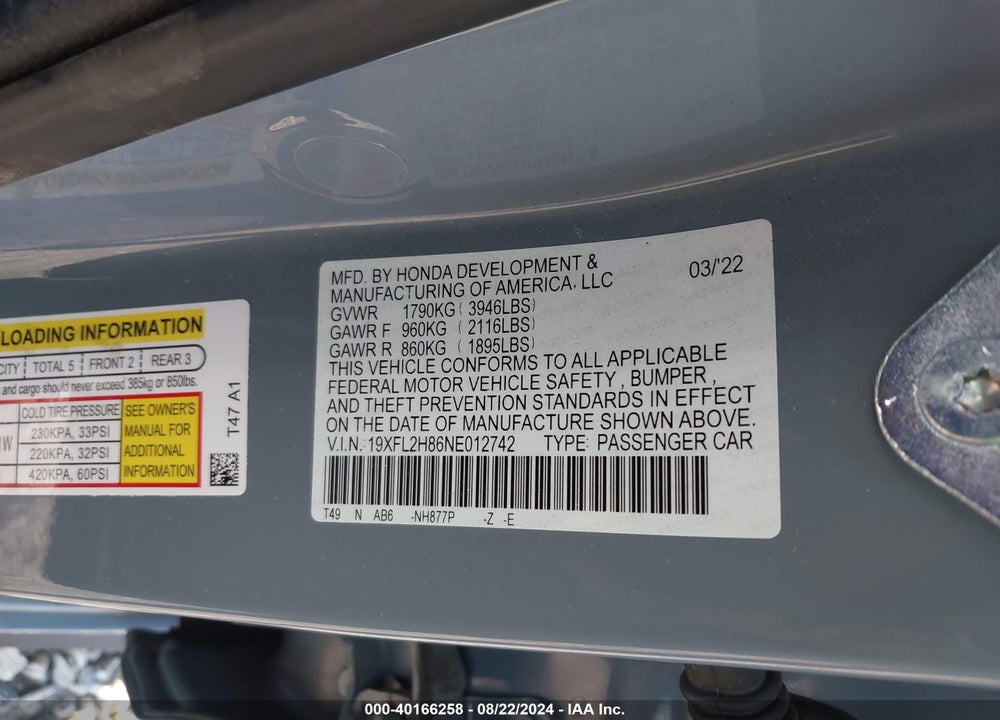 2022 HONDA CIVIC SPORT VIN: 19XFL2H86NE012742