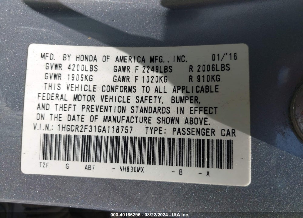 2016 HONDA ACCORD LX VIN: 1HGCR2F31GA118757