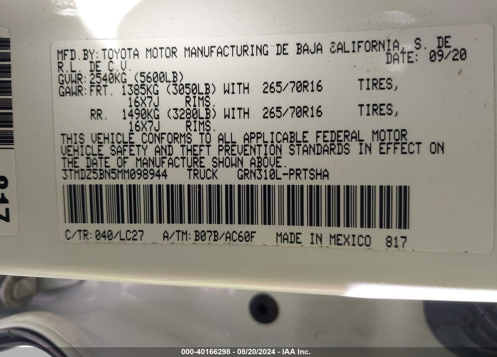 2021 TOYOTA TACOMA TRD OFF ROAD VIN: 3TMDZ5BN5MM098944