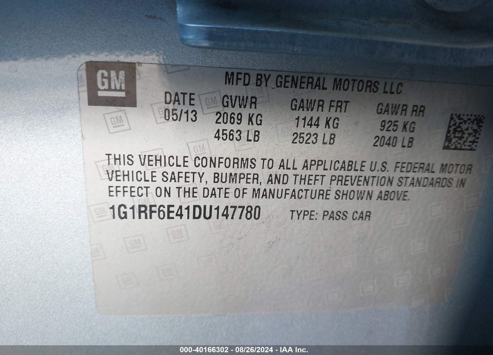 2013 CHEVROLET VOLT VIN: 1G1RF6E41DU147780