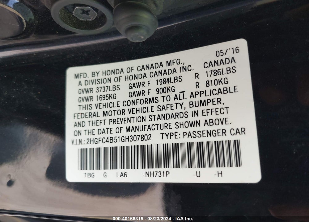 2016 HONDA CIVIC LX VIN: 2HGFC4B51GH307802