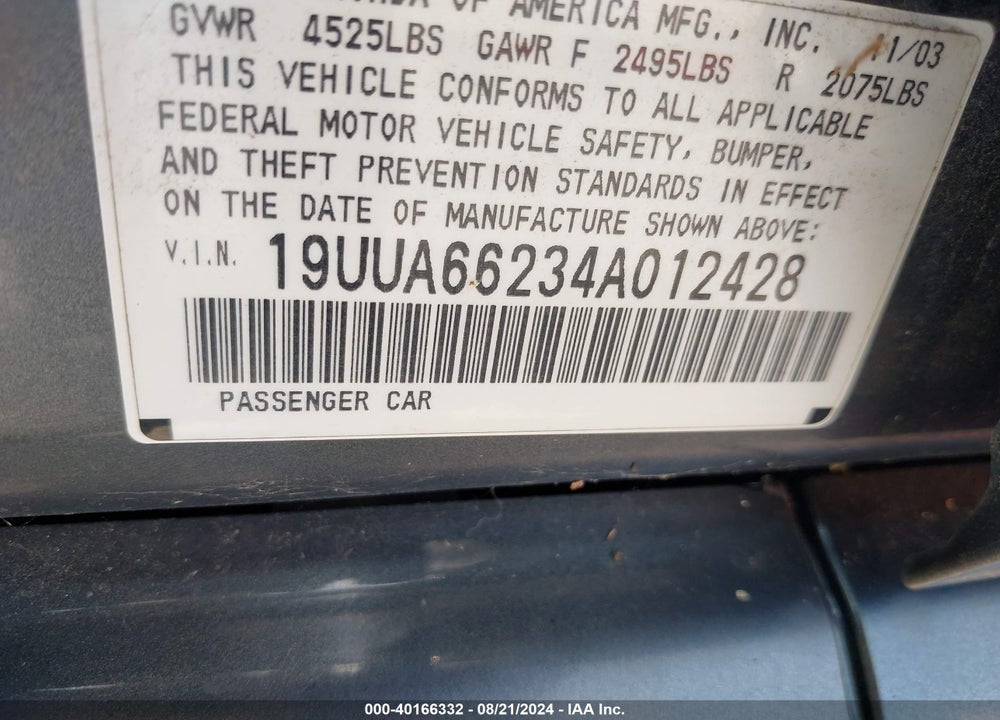 2004 ACURA TL VIN: 19UUA66234A012428