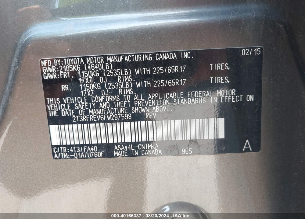 2015 TOYOTA RAV4 XLE VIN: 2T3RFREV6FW297598
