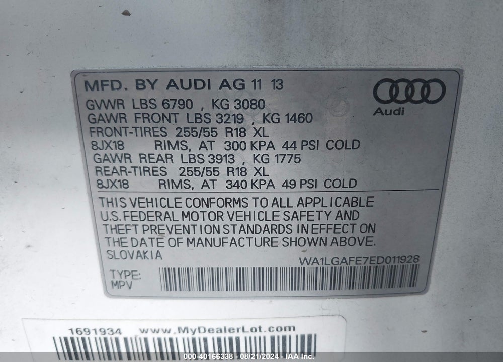 2014 AUDI Q7 3.0T PREMIUM VIN: WA1LGAFE7ED011928