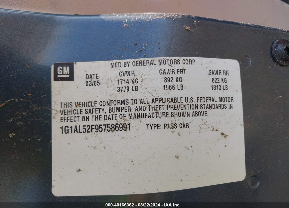 2005 CHEVROLET COBALT LS VIN: 1G1AL52F957586991