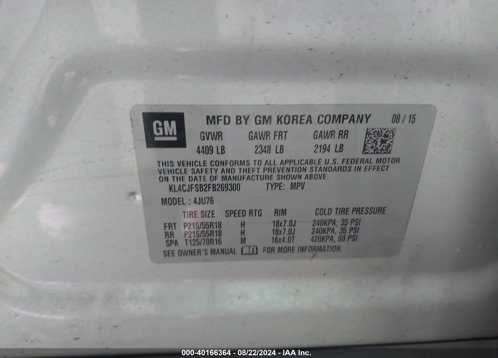 2015 BUICK ENCORE CONVENIENCE VIN: KL4CJFSB2FB269300