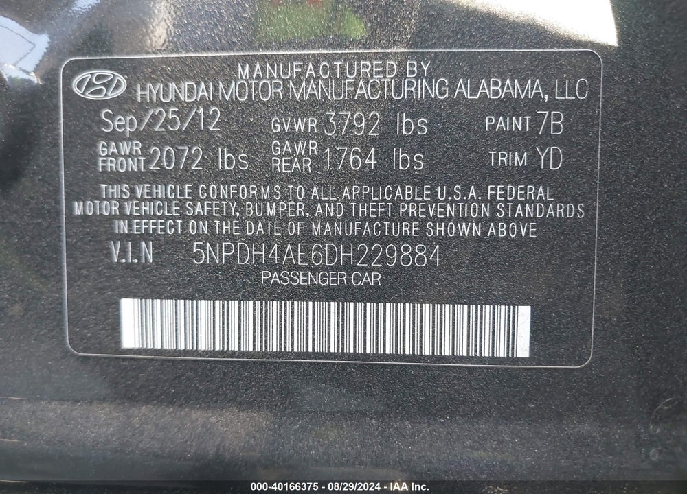 2013 HYUNDAI ELANTRA GLS VIN: 5NPDH4AE6DH229884