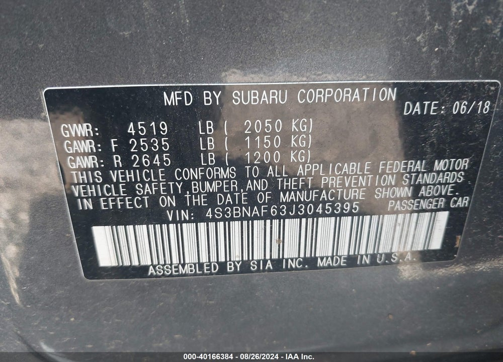 2018 SUBARU LEGACY 2.5I PREMIUM VIN: 4S3BNAF63J3045395