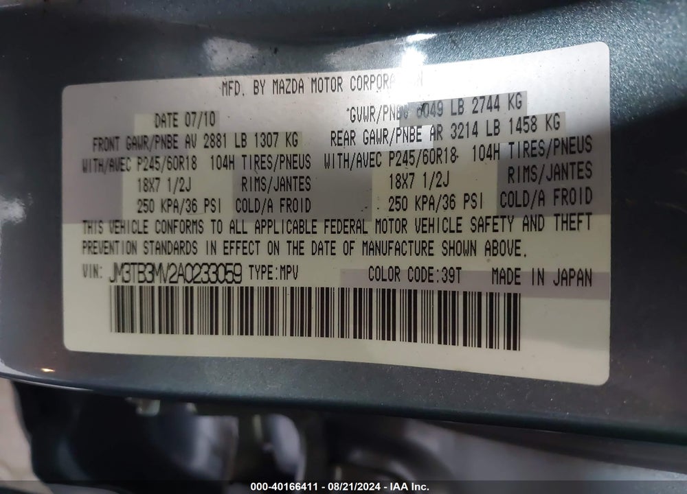 2010 MAZDA CX-9 TOURING VIN: JM3TB3MV2A0233059