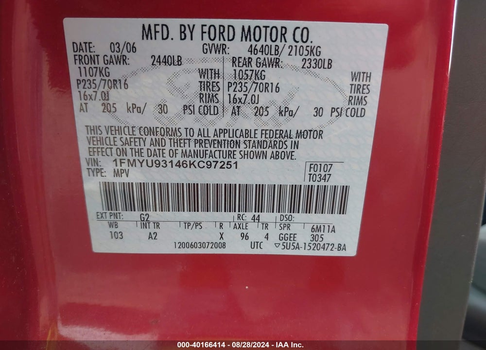 2006 FORD ESCAPE XLT/XLT SPORT VIN: 1FMYU93146KC97251