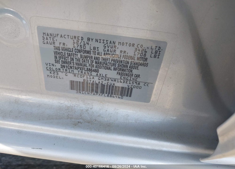 2015 NISSAN VERSA 1.6 S+ VIN: 3N1CN7APXFL886460