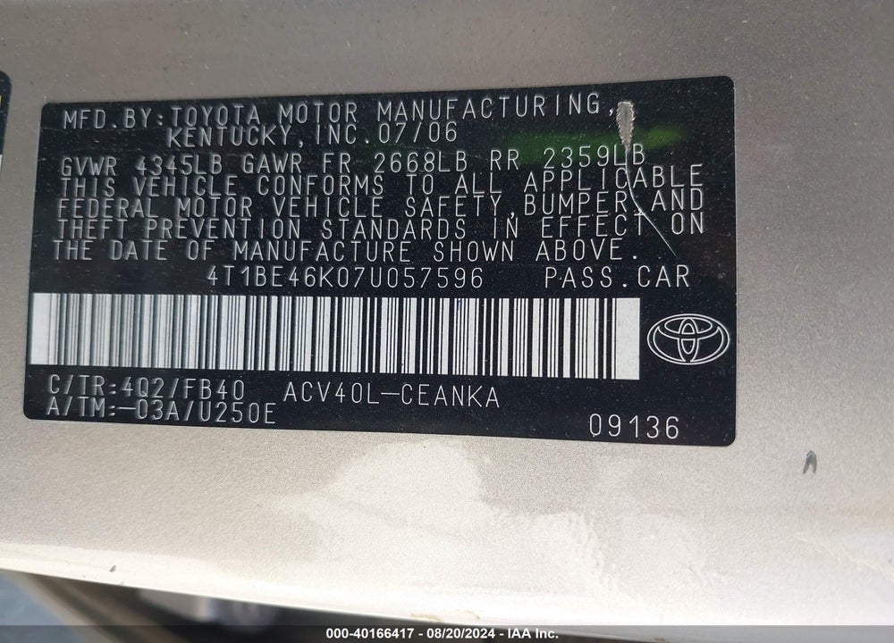 2007 TOYOTA CAMRY LE VIN: 4T1BE46K07U057596