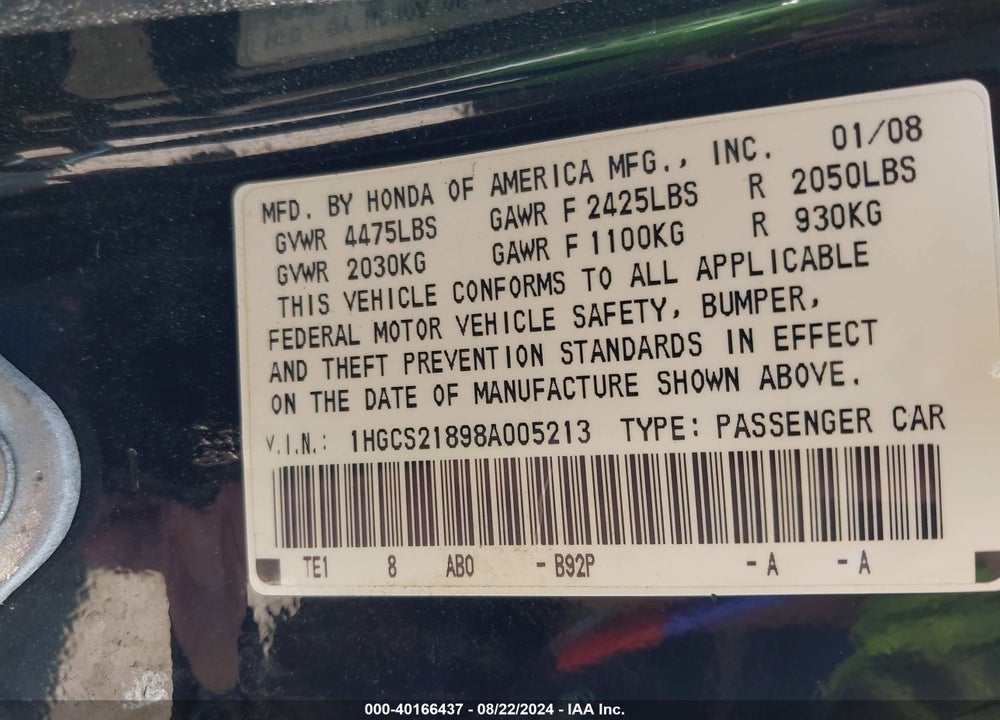 2008 HONDA ACCORD 3.5 EX-L VIN: 1HGCS21898A005213