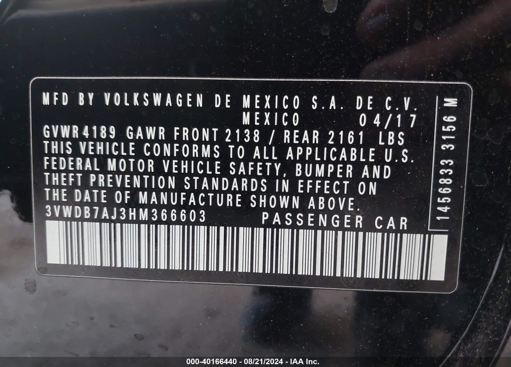 2017 VOLKSWAGEN JETTA 1.4T SE VIN: 3VWDB7AJ3HM366603