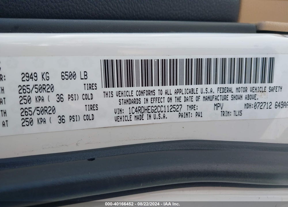 2012 DODGE DURANGO CITADEL VIN: 1C4RDHEG2CC112527