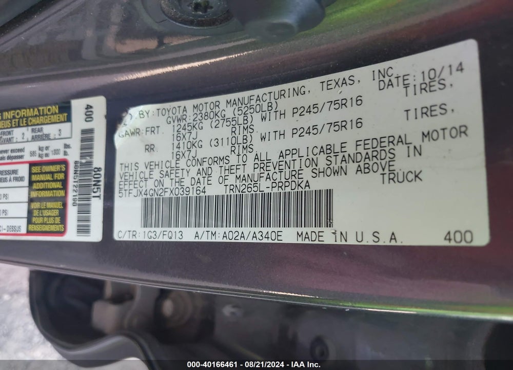 2015 TOYOTA TACOMA PRERUNNER VIN: 5TFJX4GN2FX039164