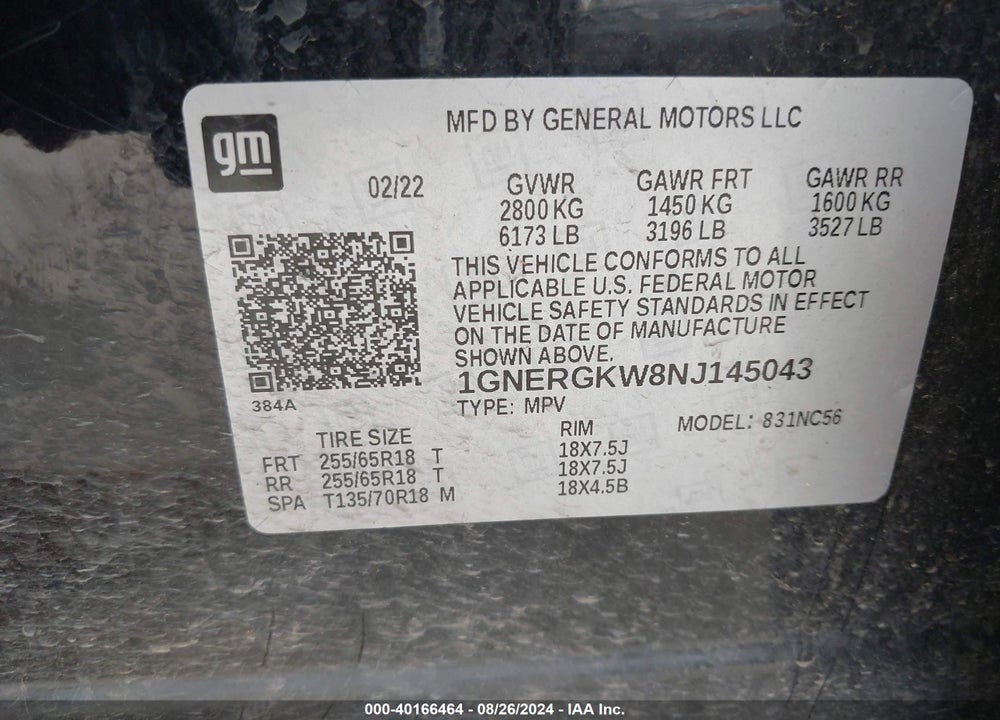 2022 CHEVROLET TRAVERSE FWD LT CLOTH VIN: 1GNERGKW8NJ145043