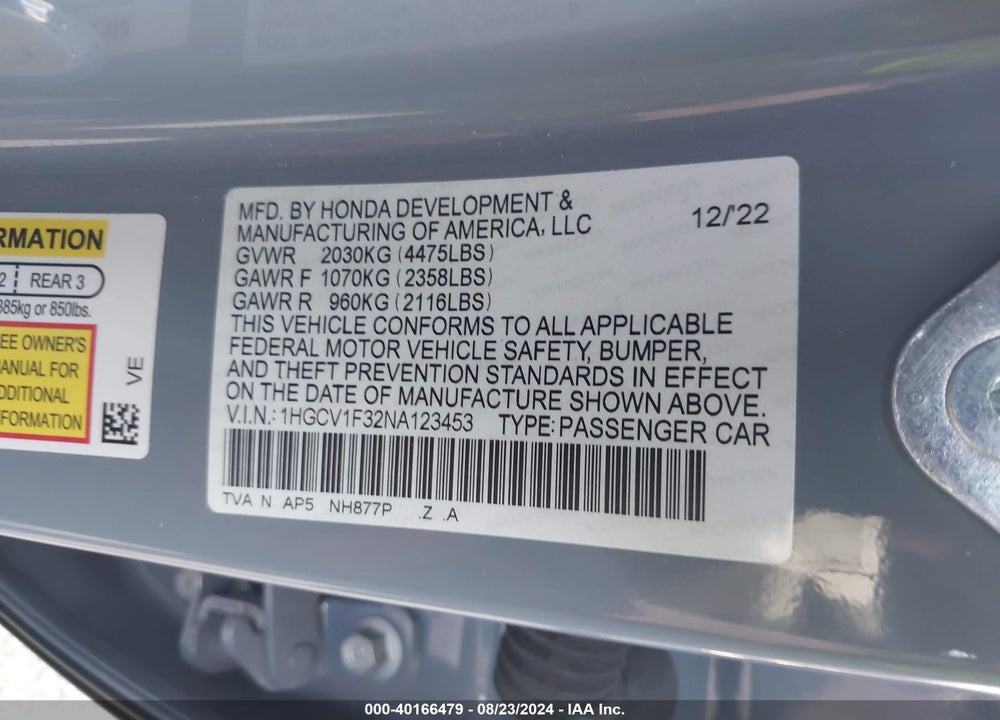 2022 HONDA ACCORD SPORT VIN: 1HGCV1F32NA123453