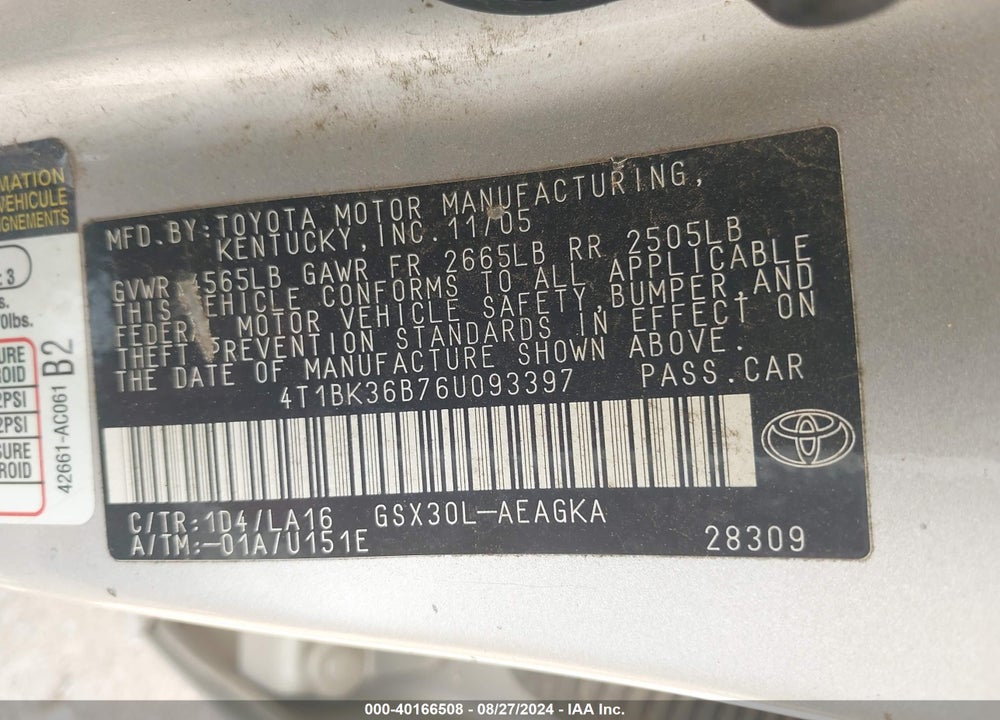 2006 TOYOTA AVALON XLS VIN: 4T1BK36B76U093397