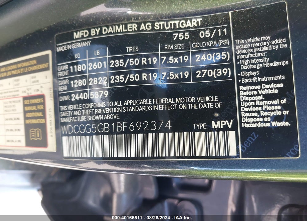 2011 MERCEDES-BENZ GLK 350 VIN: WDCGG5GB1BF692374