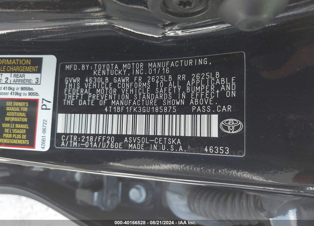 2016 TOYOTA CAMRY SE VIN: 4T1BF1FK3GU185875