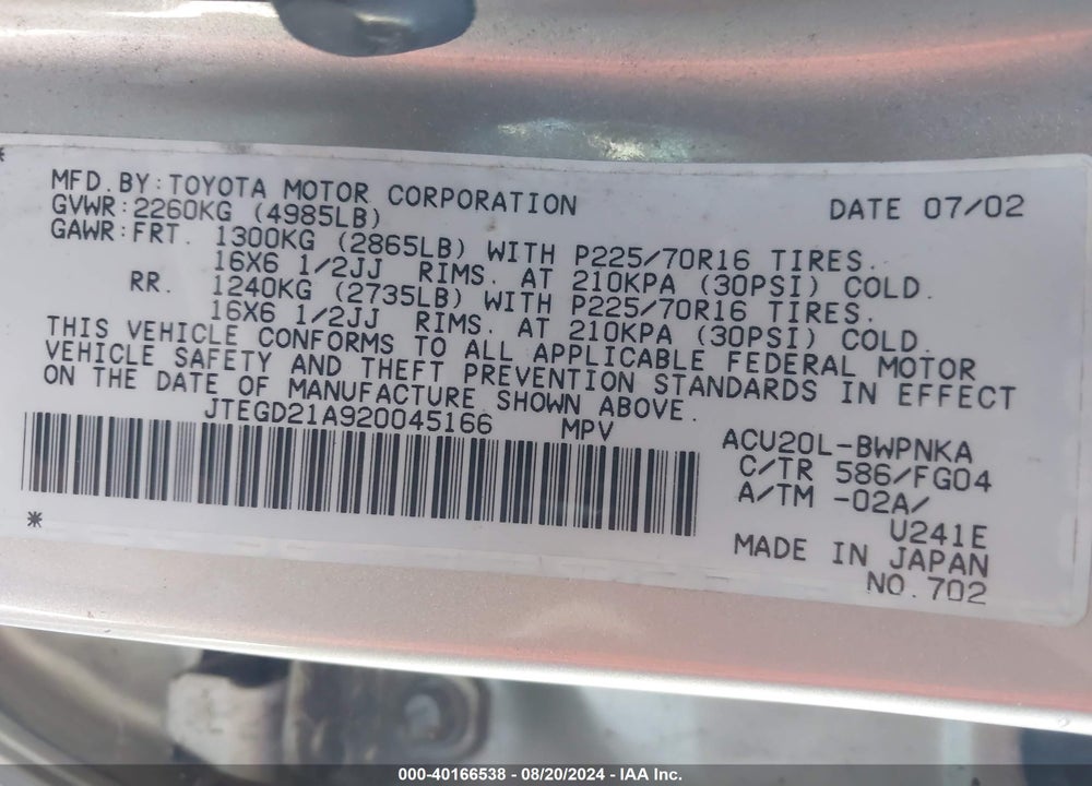 2002 TOYOTA HIGHLANDER VIN: JTEGD21A920045166