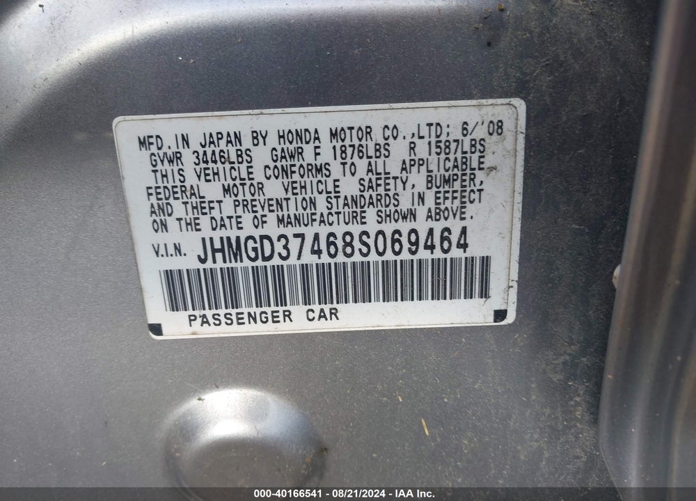 2008 HONDA FIT VIN: JHMGD37468S069464