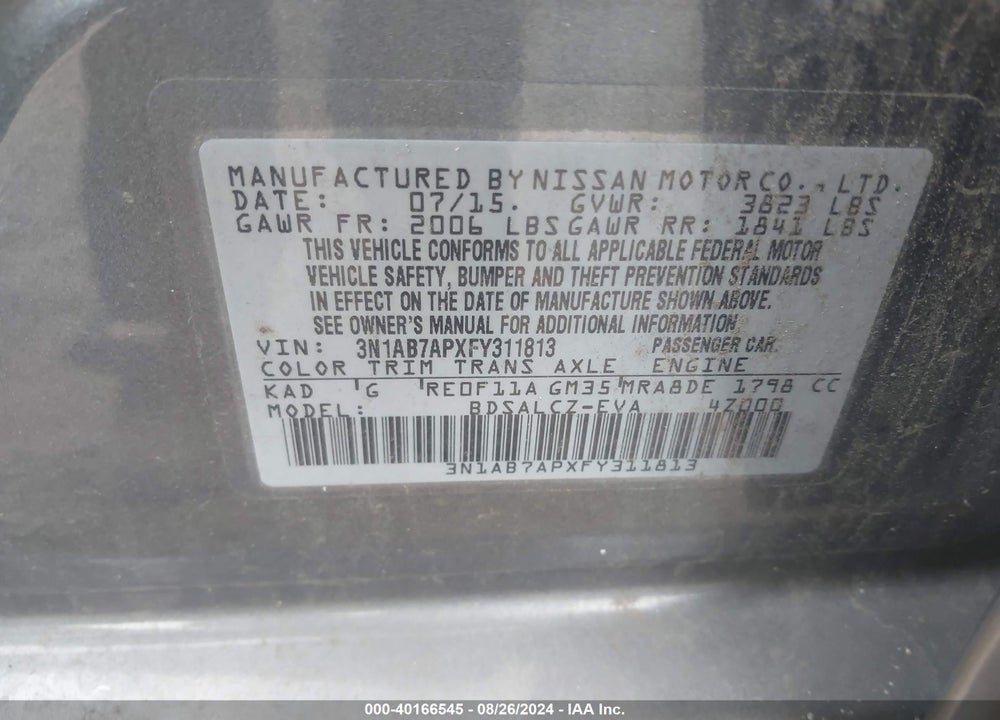 2015 NISSAN SENTRA S VIN: 3N1AB7APXFY311813