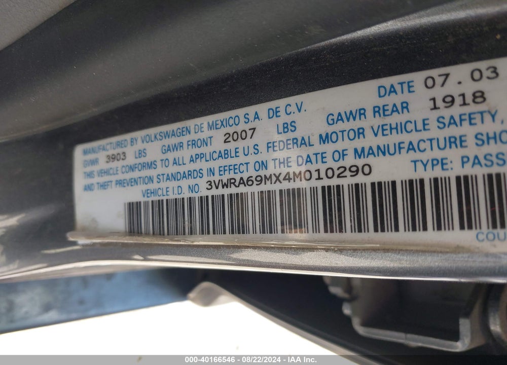 2004 VOLKSWAGEN JETTA GL VIN: 3VWRA69MX4M010290
