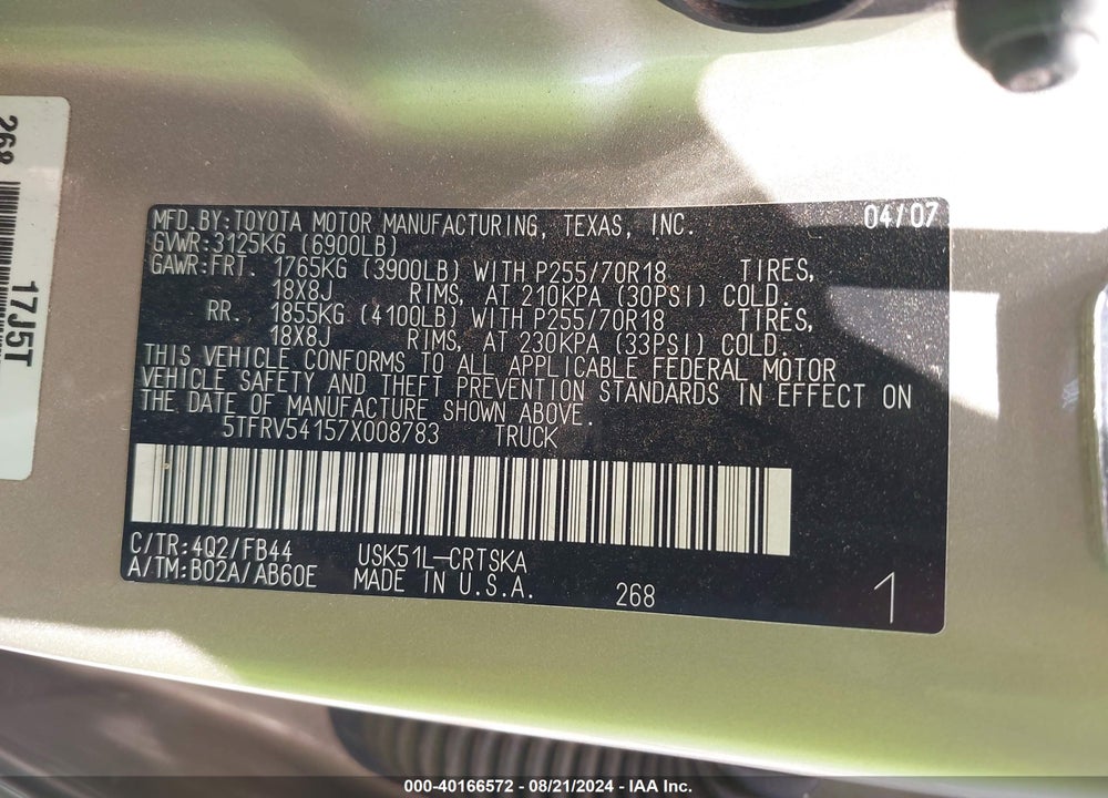 2007 TOYOTA TUNDRA SR5 V8 VIN: 5TFRV54157X008783