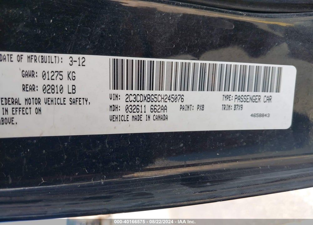 2012 DODGE CHARGER SE VIN: 2C3CDXBG5CH245076