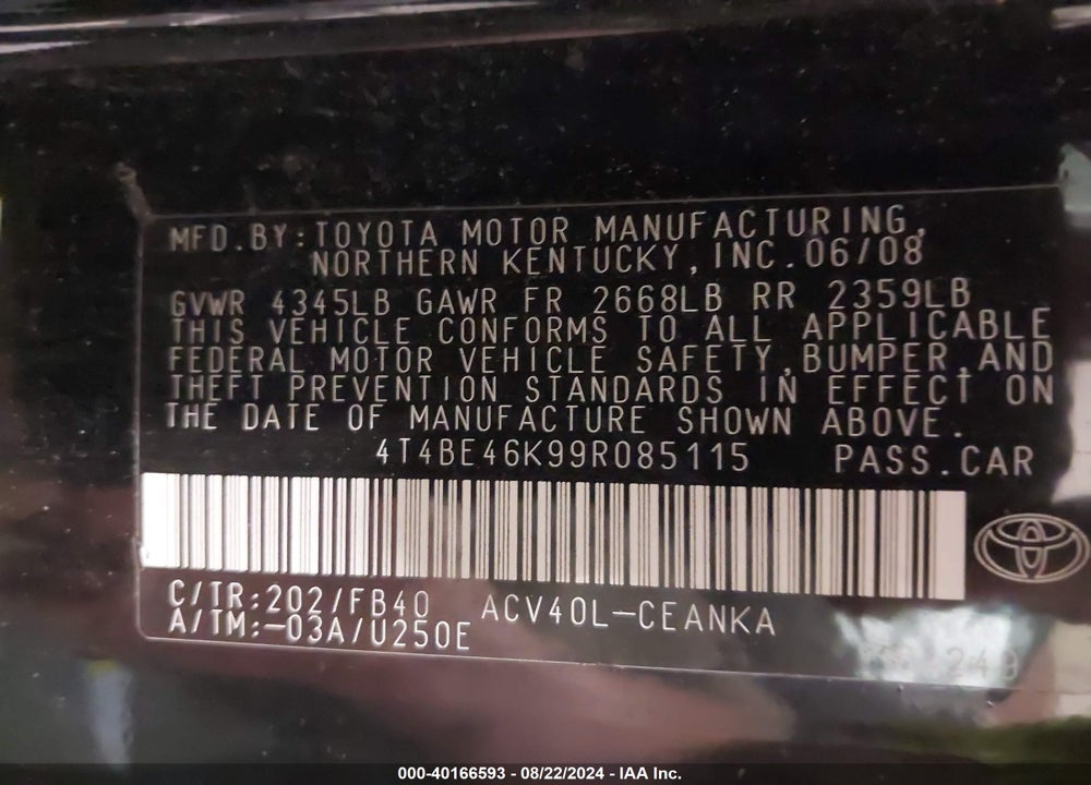 2009 TOYOTA CAMRY VIN: 4T4BE46K99R085115