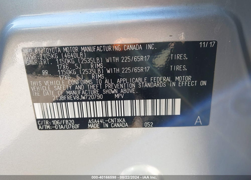 2018 TOYOTA RAV4 LE VIN: 2T3BFREV8JW720790