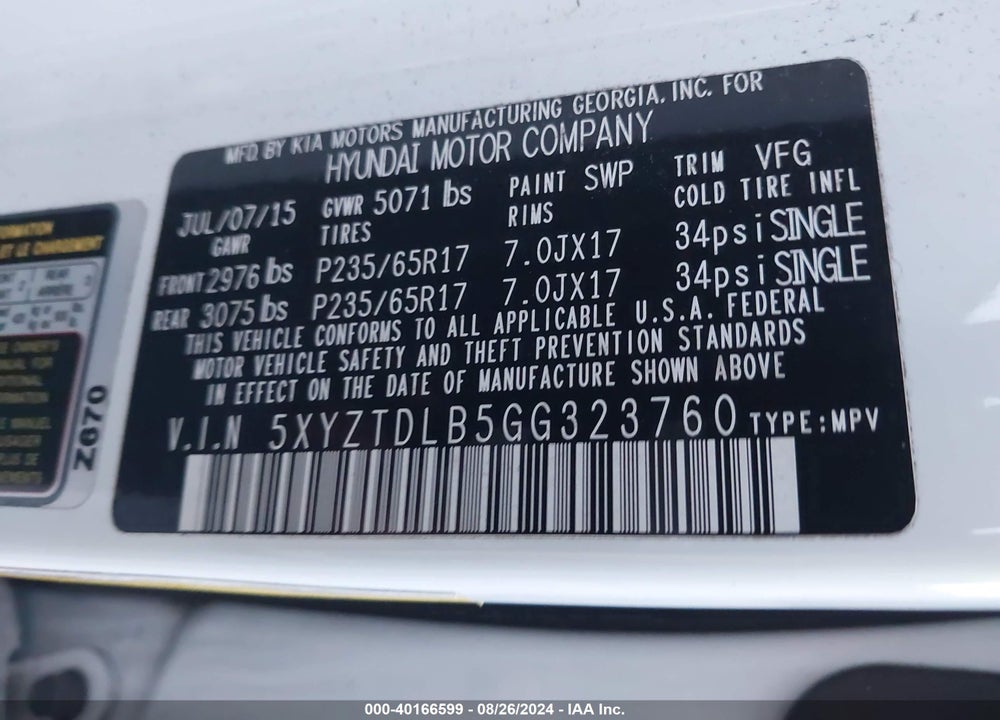 2016 HYUNDAI SANTA FE SPORT 2.4L VIN: 5XYZTDLB5GG323760