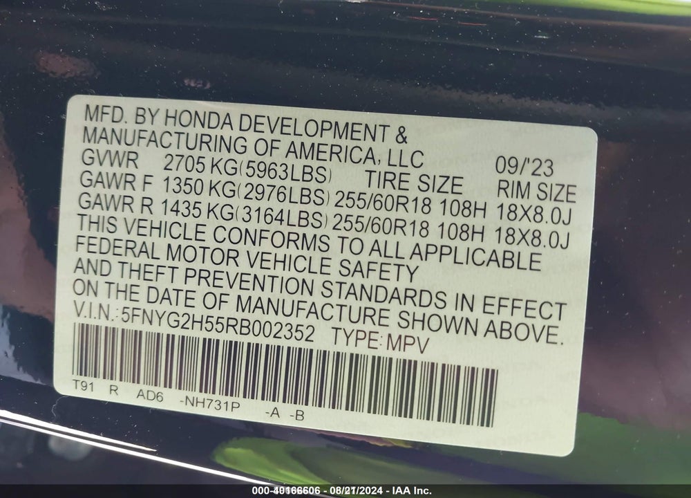 2024 HONDA PILOT 2WD EX-L 7 PASSENGER VIN: 5FNYG2H55RB002352