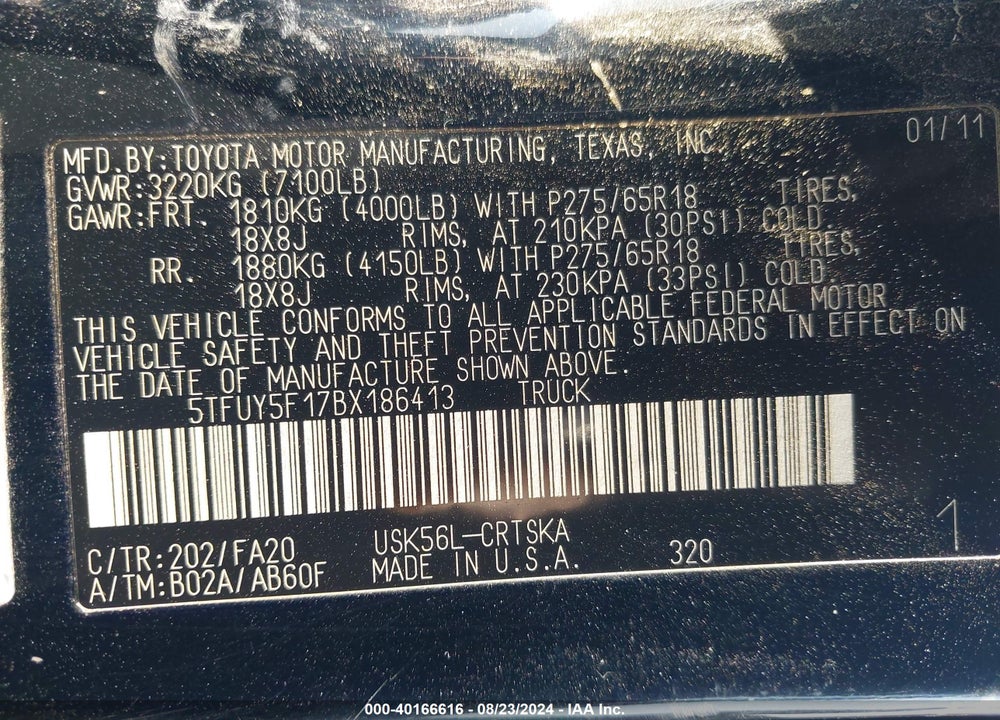 2011 TOYOTA TUNDRA GRADE 5.7L V8 VIN: 5TFUY5F17BX186413