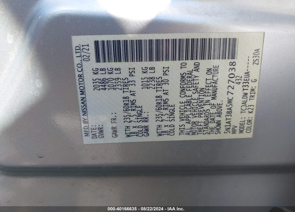 2021 NISSAN ROGUE SV FWD VIN: 5N1AT3BA5MC727038