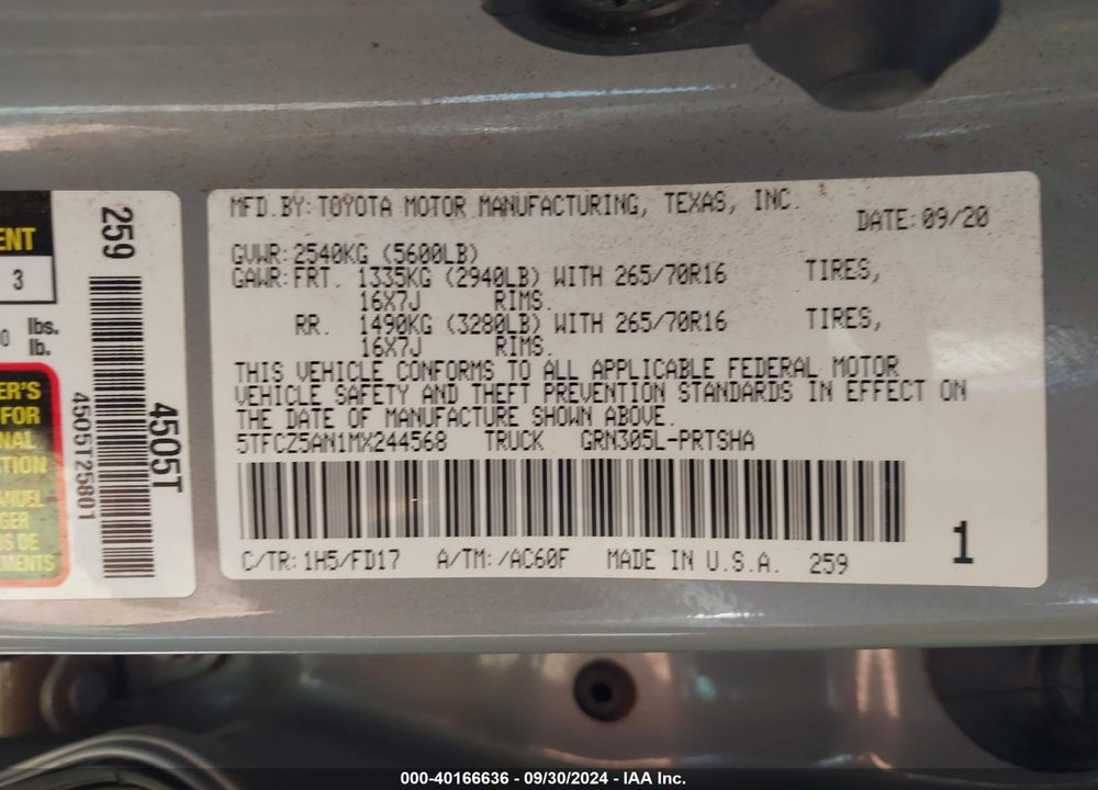 2021 TOYOTA TACOMA TRD OFF ROAD VIN: 5TFCZ5AN1MX244568