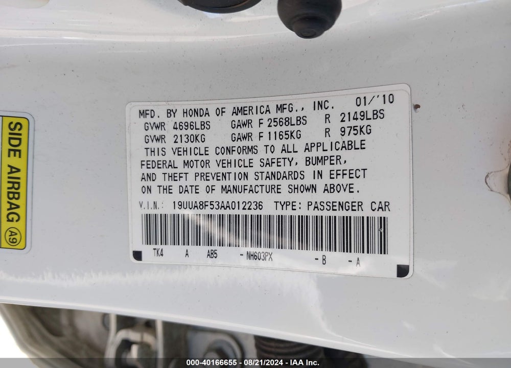 2010 ACURA TL VIN: 19UUA8F53AA012236