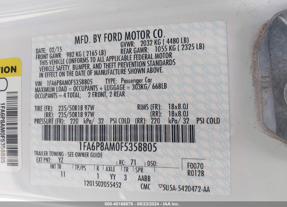 2015 FORD MUSTANG V6 VIN: 1FA6P8AM0F5358805