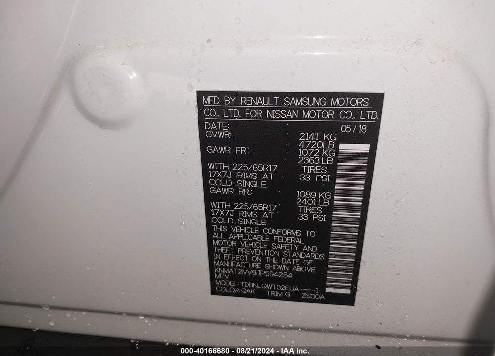 2018 NISSAN ROGUE SV VIN: KNMAT2MV9JP594254