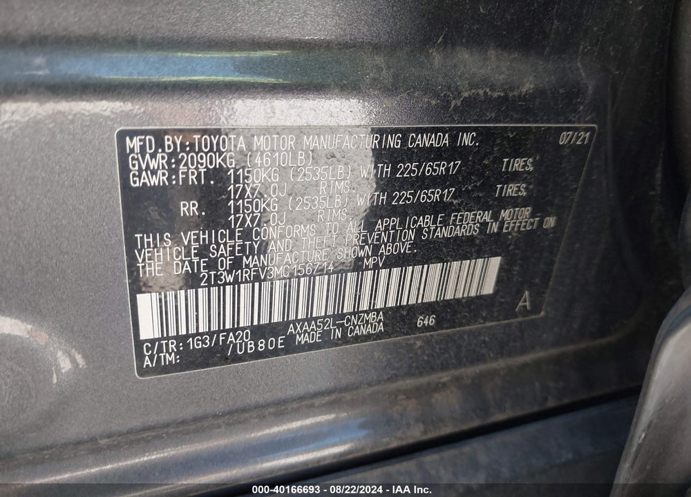 2021 TOYOTA RAV4 XLE VIN: 2T3W1RFV3MC156714