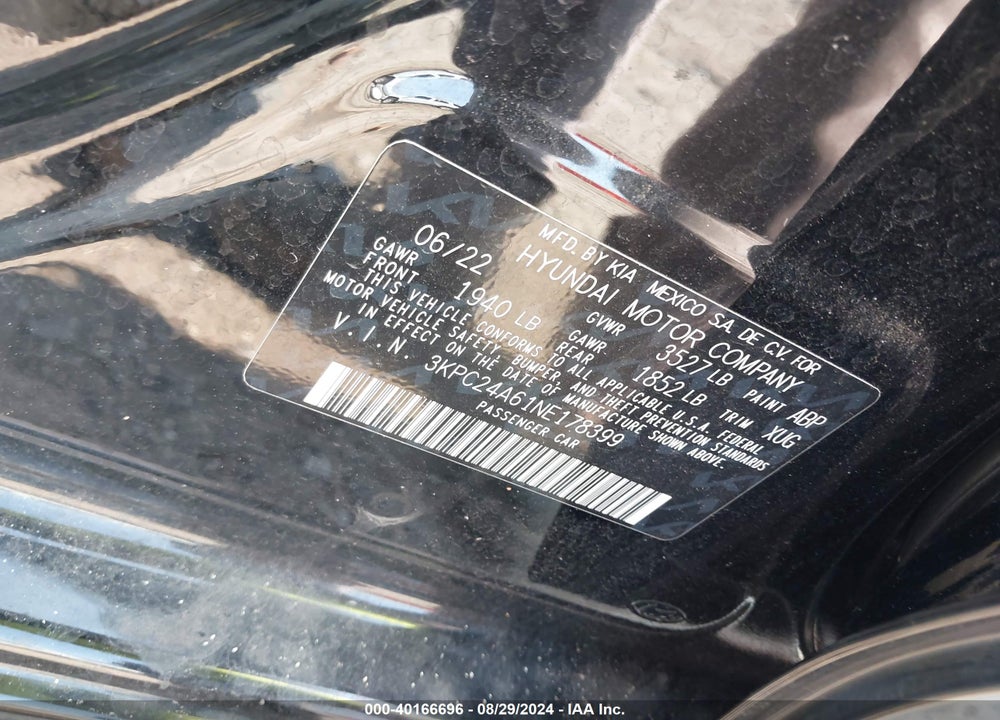 2022 HYUNDAI ACCENT VIN: 3KPC24A61NE178399