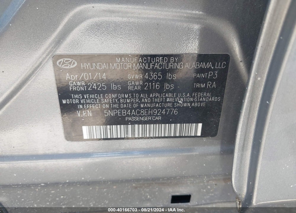 2014 HYUNDAI SONATA GLS VIN: 5NPEB4AC8EH924776