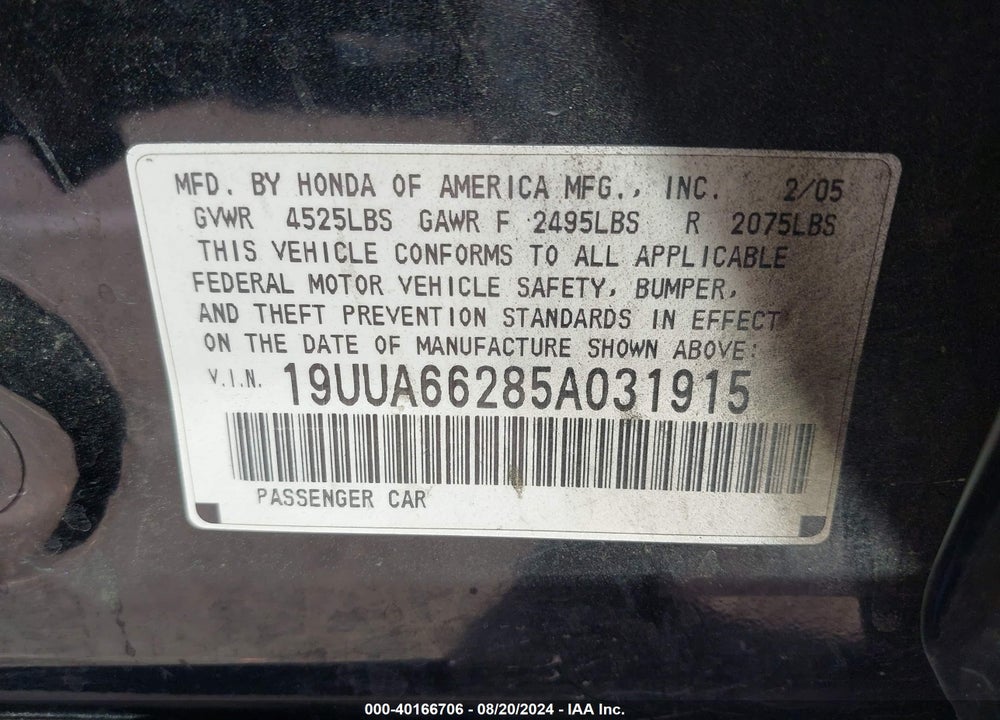 2005 ACURA TL VIN: 19UUA66285A031915