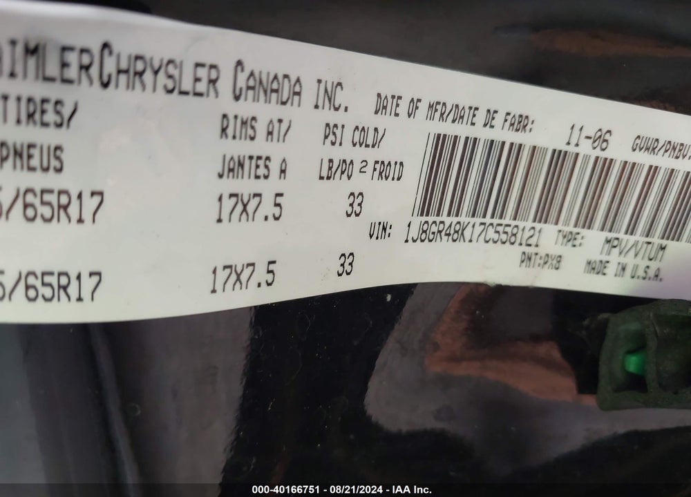 2007 CHEROKEE JEEP GRAND  LAREDO VIN: 1J8GR48K17C558121