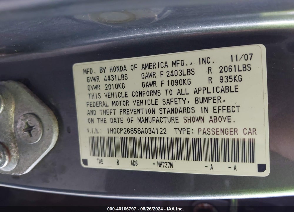 2008 HONDA ACCORD 2.4 EX-L VIN: 1HGCP26858A034122