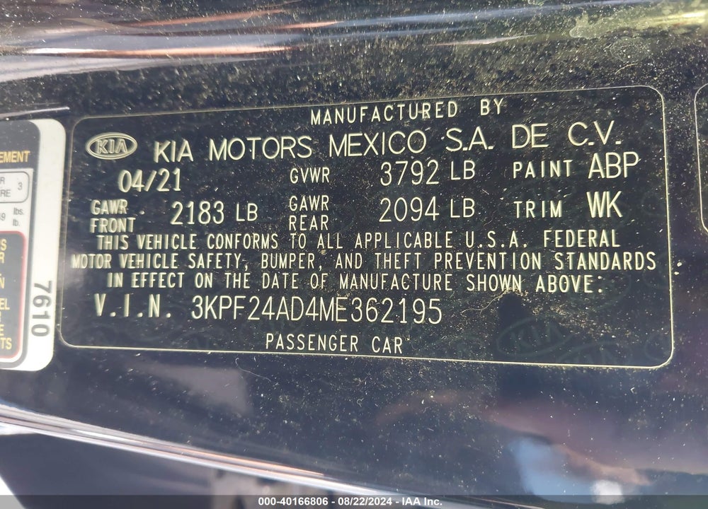 2021 KIA FORTE LXS VIN: 3KPF24AD4ME362195